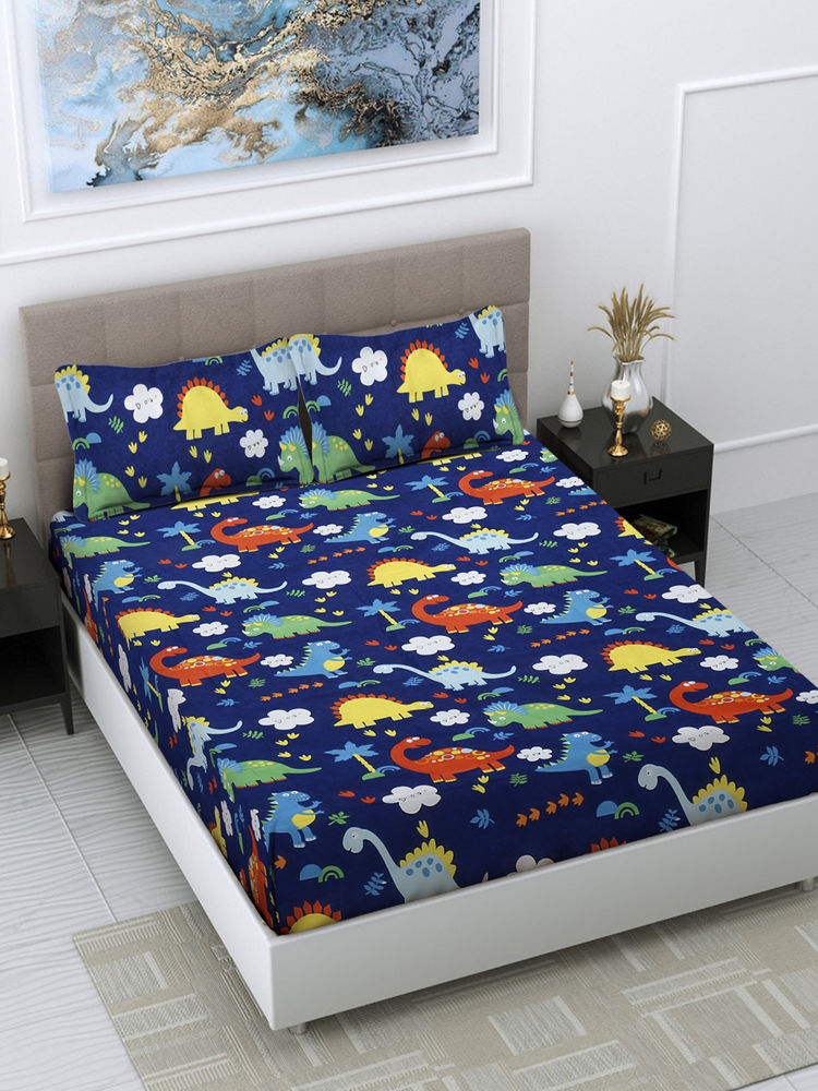 FABINALIV Navy Blue Cartoon Print 300 TC Cotton Blend Bedsheet with 2 Pillow Covers (King)-image-14