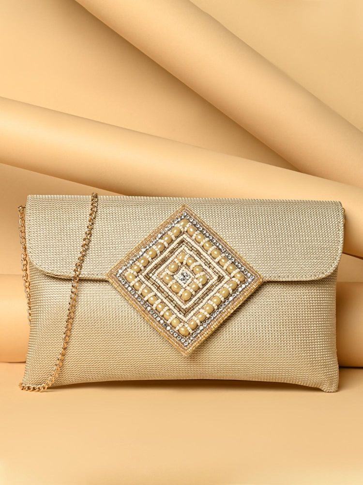 ROCIA By Regal Gold Jute Textured Applique Beaded Clutch with Detachable Strap-image-33