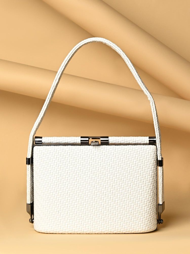 ROCIA By Regal White Woven Stylish Metal Frame Clutch-image-7