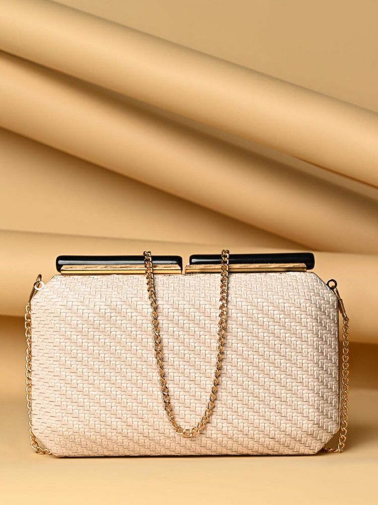 ROCIA By Regal Beige Woven Stylish Metal Frame Clutch with Detachable Strap-image-49