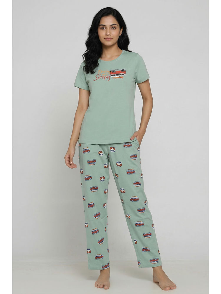 Zivame Farm Lore Knit Cotton T-Shirt With Pyjama - Cameo Green-picture-39