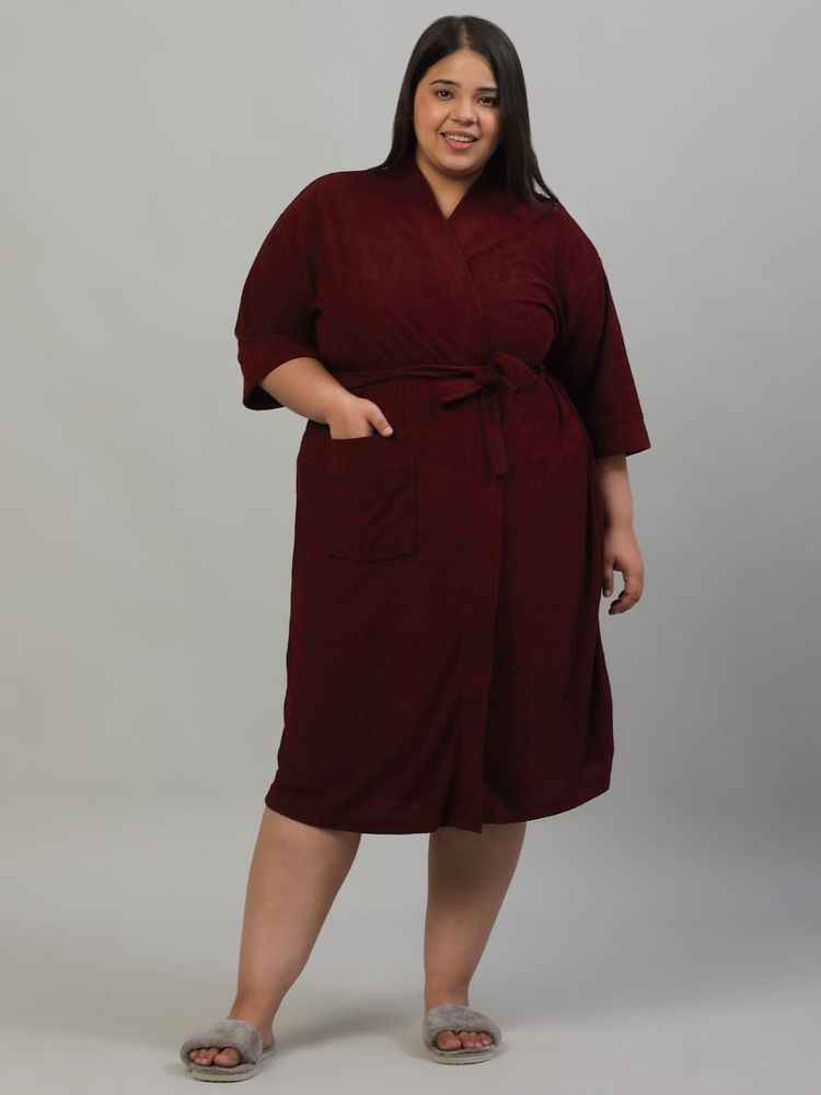 Creeva Plus Size Micro Terry Bathrobe Soft and Elegant -Wine-picture-12