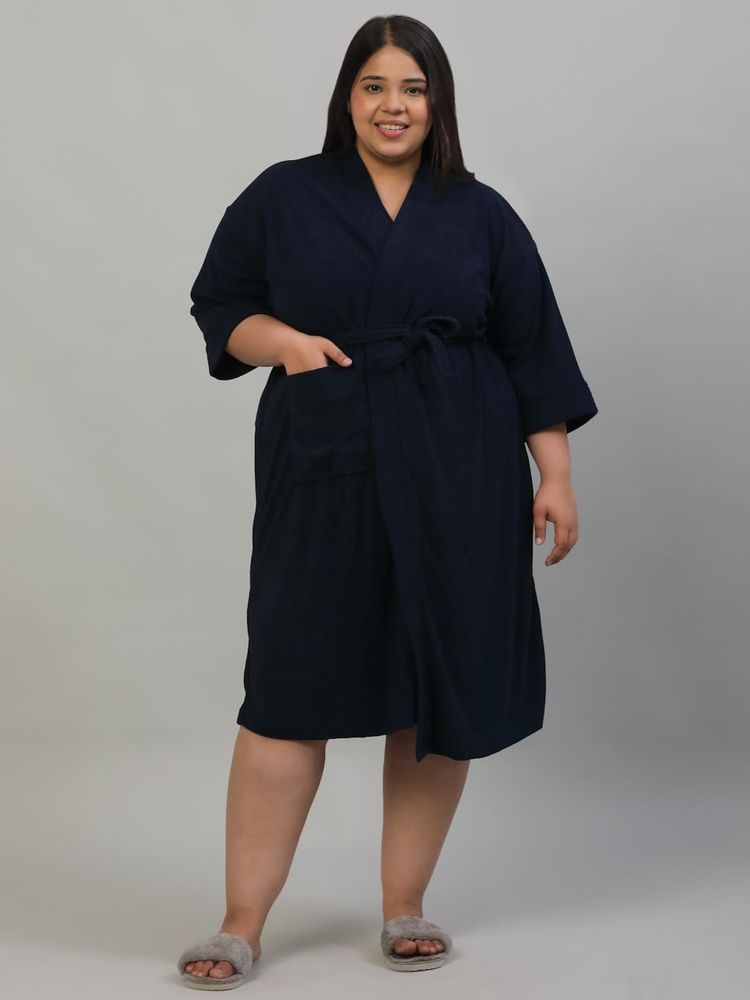 Creeva Plus Size Micro Terry Bathrobe Soft and Elegant -Navy Blue-image-20