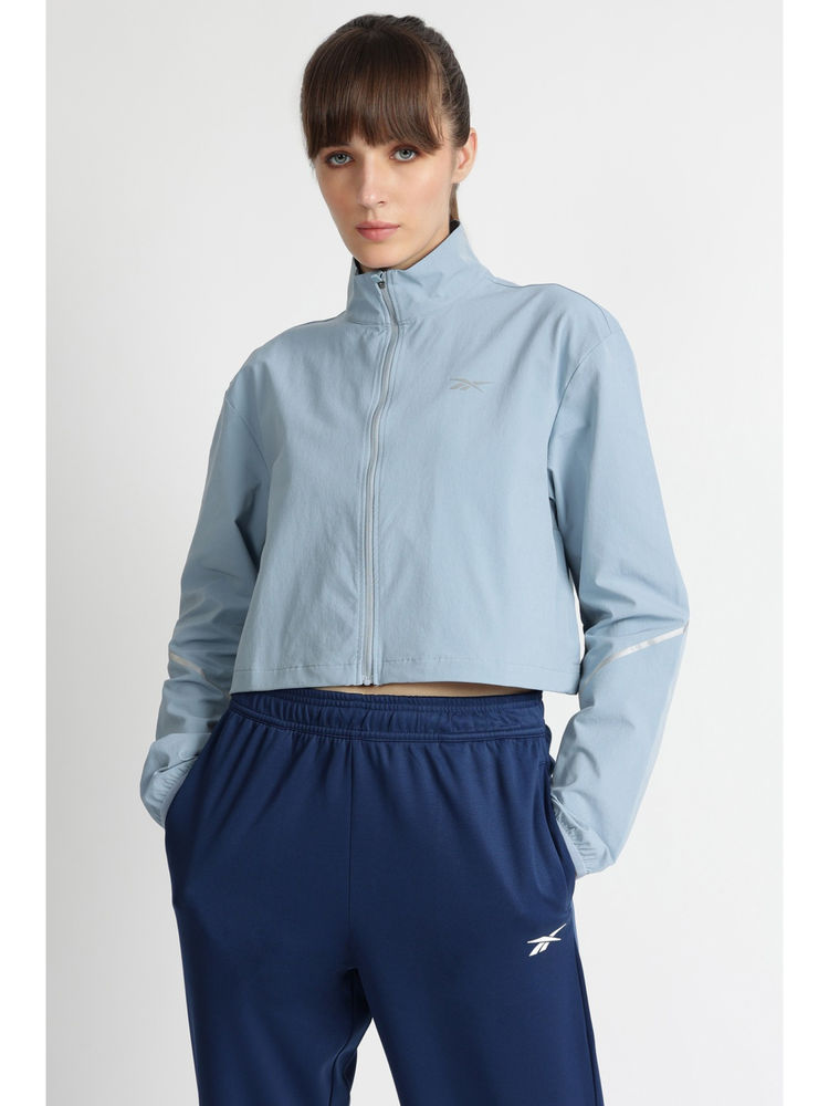 Reebok Blue Polyester Blend Full Sleeves High Neck Solid Bomber Jacket-image-6