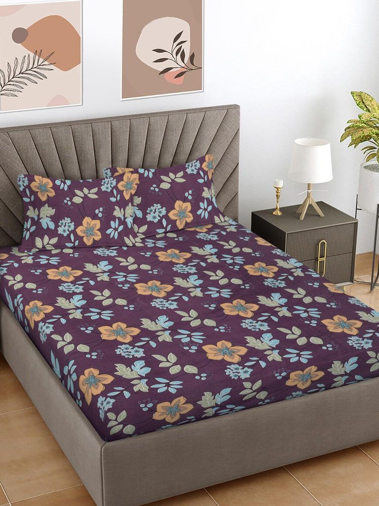 FABINALIV Purple Floral 300 TC Cotton Blend King Bedsheet with 2 Pillow Covers-image-10