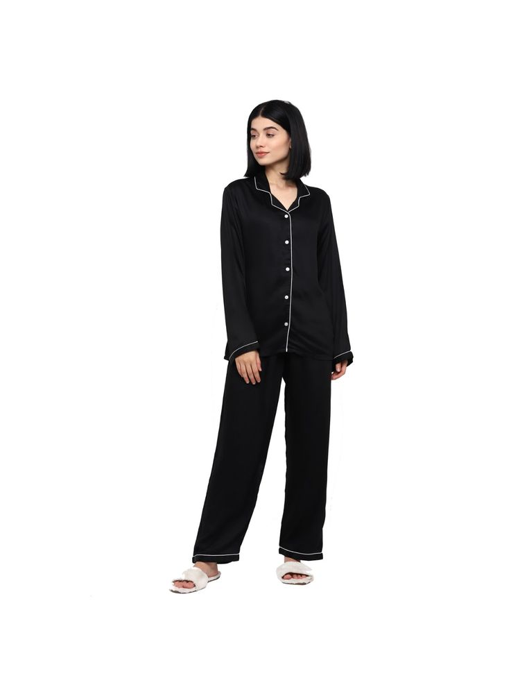 Shopbloom Ultra Soft Black Modal Satin Long Sleeve Women's Night Suit |Lounge Wear - Black-picture-16