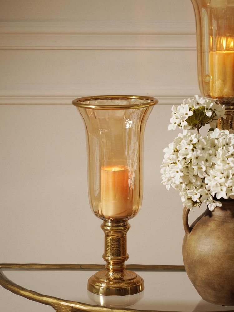 Pure Home + Living Golder Hammered Tall Glass Hurricane Candle Holder-image-9