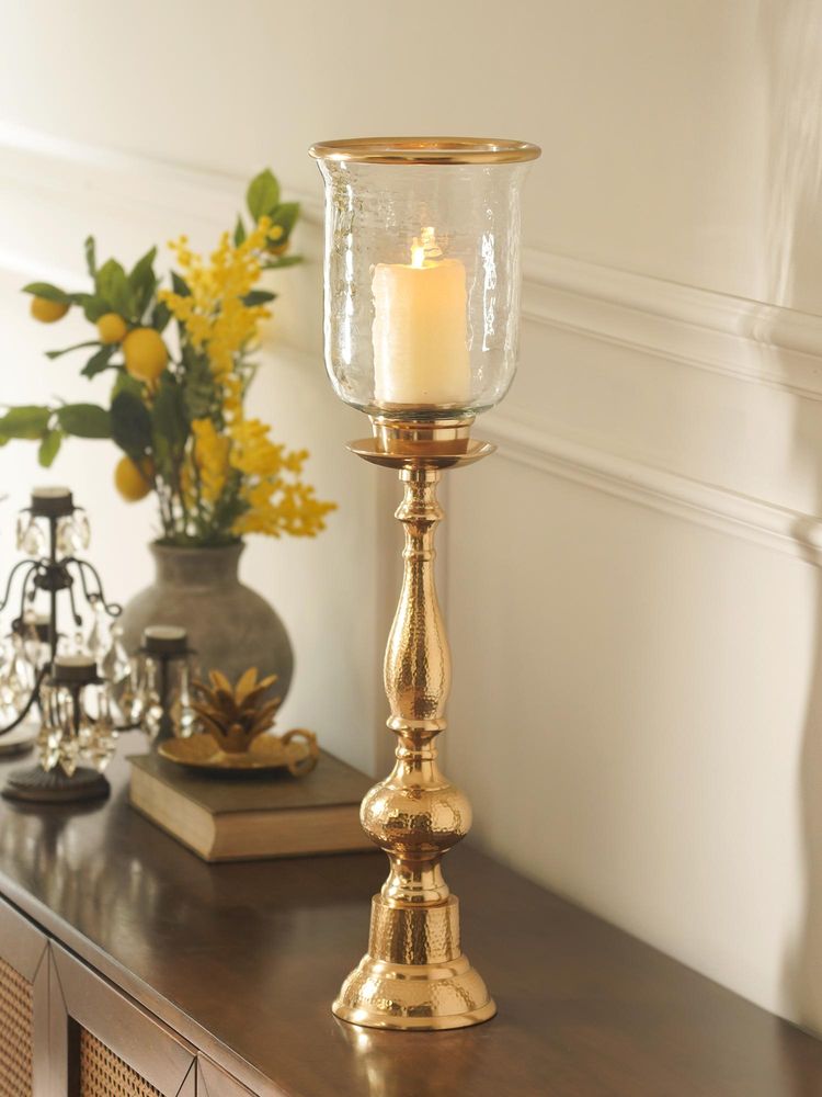 Pure Home + Living Amber & Gold Glass Hammered Hurricane Candle Holder-image-43