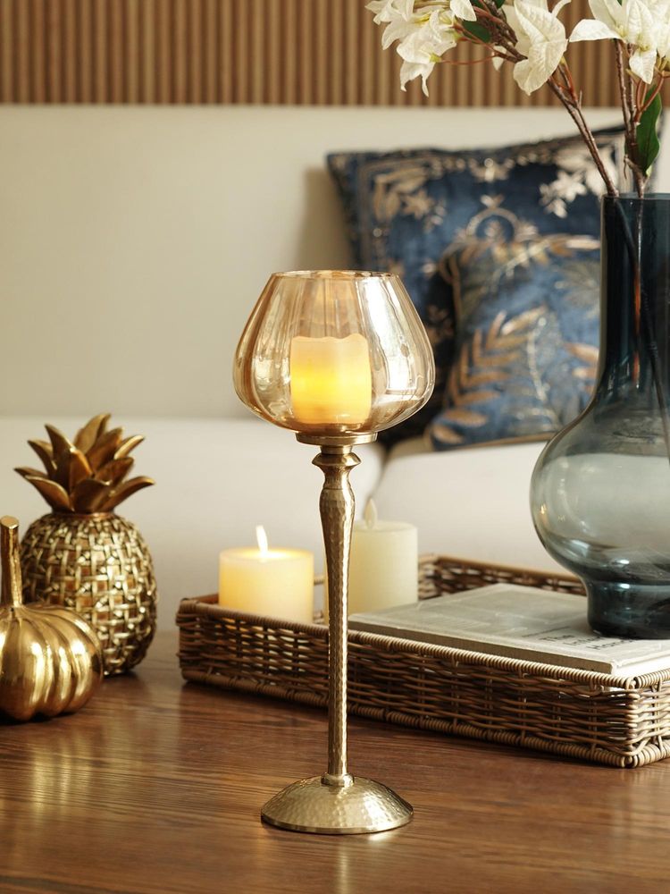 Pure Home + Living Brown Glass Hammered Stem Hurricane Candle Holder-image-35
