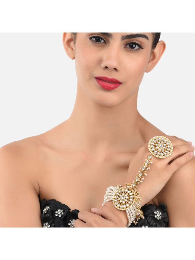 Zaveri Pearls Gold Tone Kundan & Multistrand Pearls Bridal Ring Bracelet - ZPFK9442