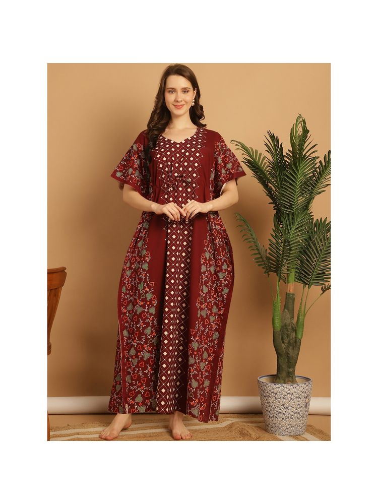 Secret Wish Maroon Printed Cotton Kaftan Nighty-image-22