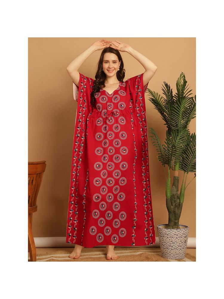 Secret Wish Red Polka Dot Print Cotton Kaftan Nighty-image-34