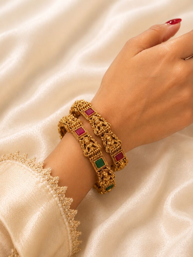 SUGARFRILL Gold Plated Ruby Multi-Color Square Stone Temple Bangles (Pack of 2)-image-41