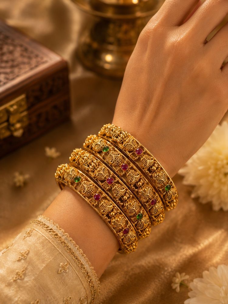SUGARFRILL Gold Plated Multi-Color Stone Filigree Temple Bangles (Pack of 4)-image-41