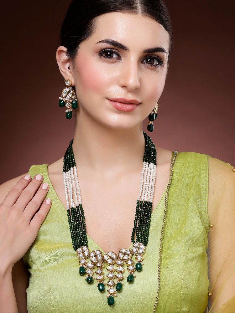 Karatcart Women Green Crystal Polki Kundan Rani Haar Jewellery Set