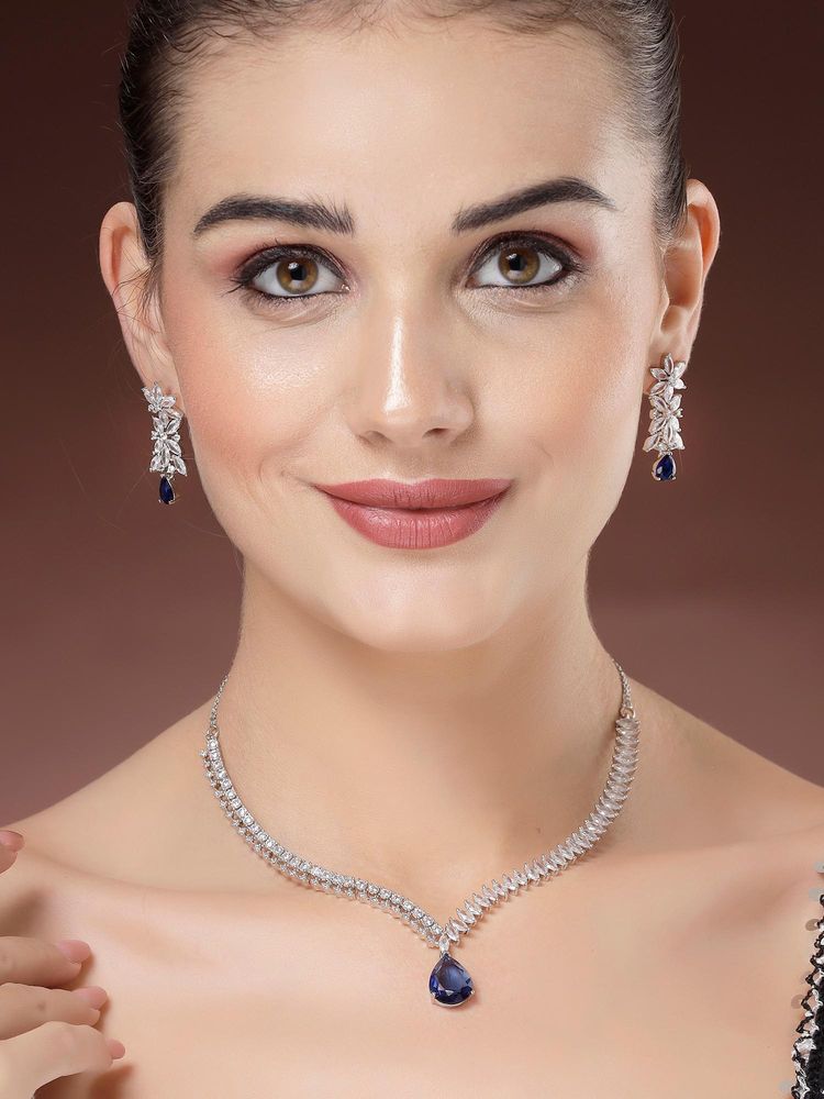 Karatcart Women Elegant Silver Plated Blue Ad Jewellery Set-picture-49