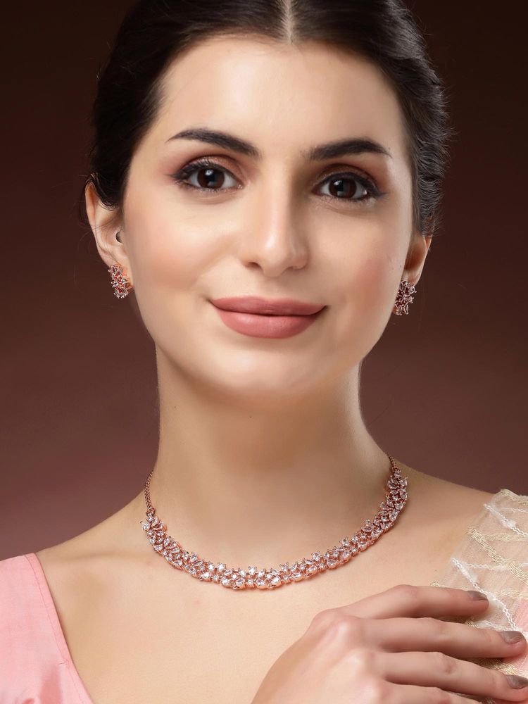 Karatcart Women Rose Gold Plated American Diamond Floral Jewellery Set-picture-24