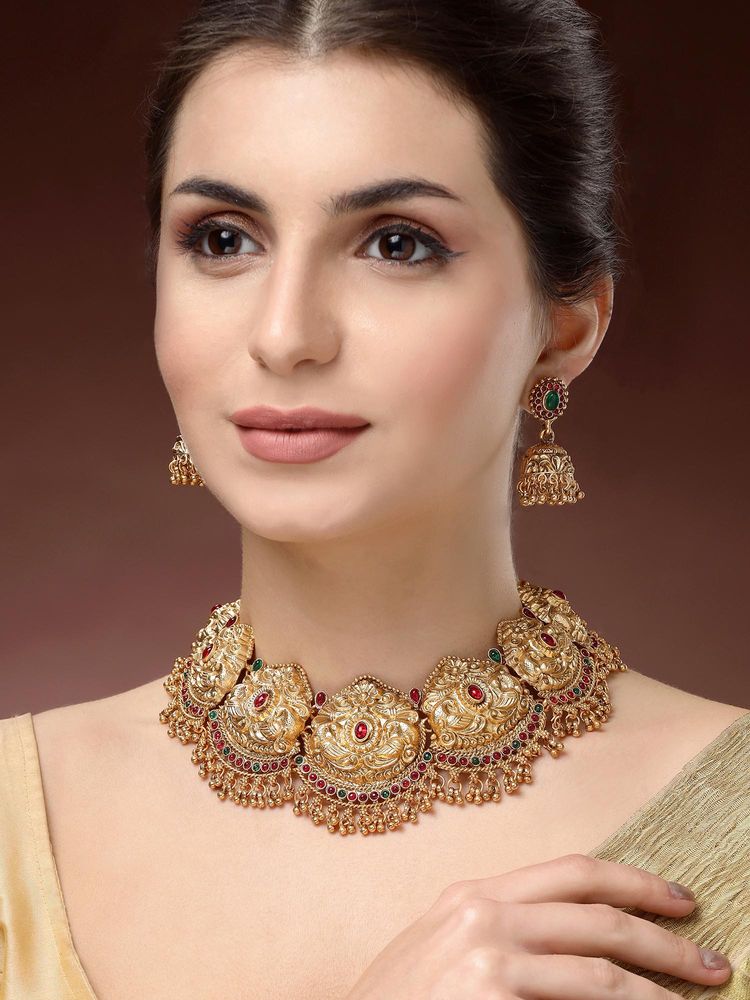 Karatcart Women Gold Plated Peacock Design Red and Green Temple Jewellery Set-picture-27