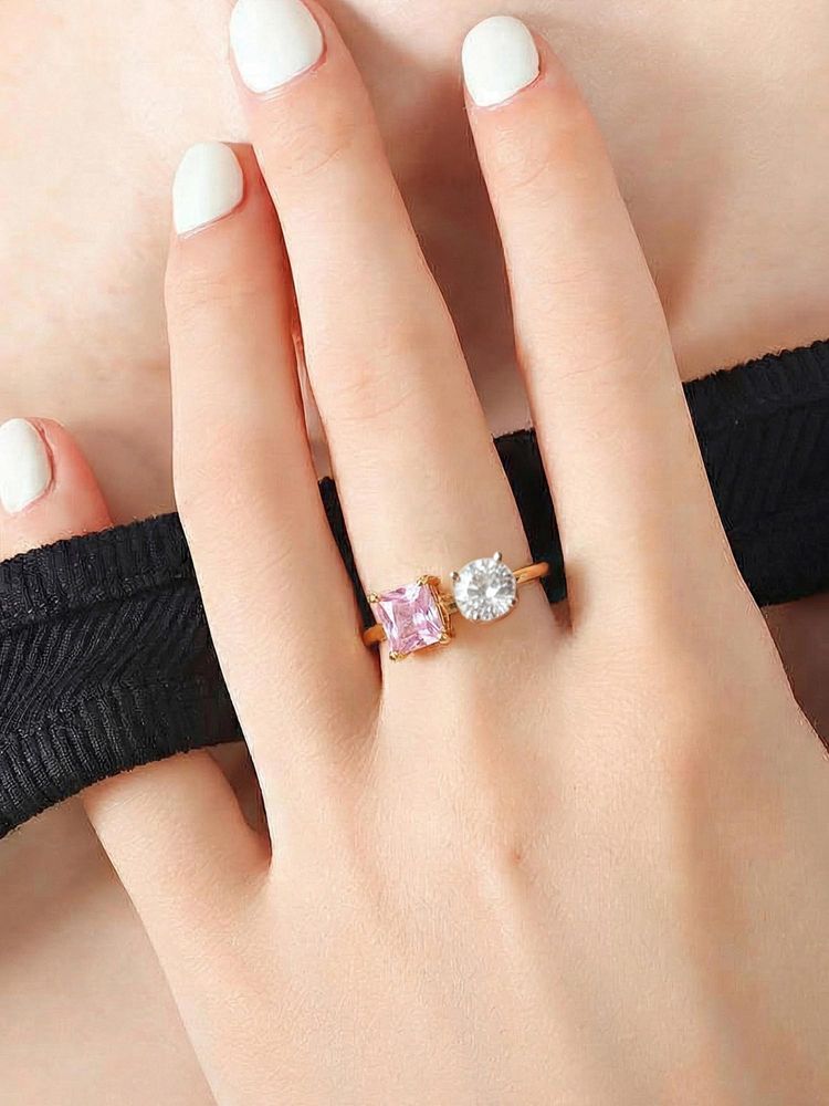 Yellow Chimes Women Gold Plated Pink-White Crystal Ring-picture-38