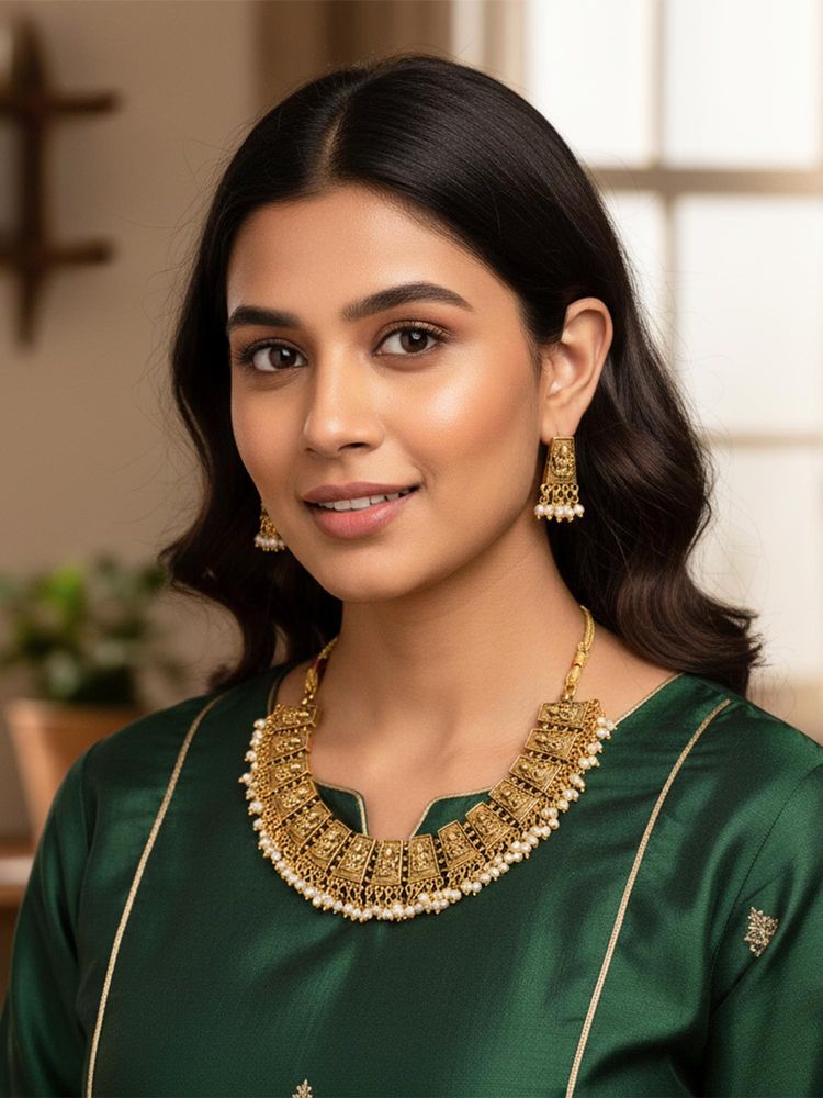 Yellow Chimes Women Antique Matte Gold Tone Pearl Temple Jewellery Set-image-41
