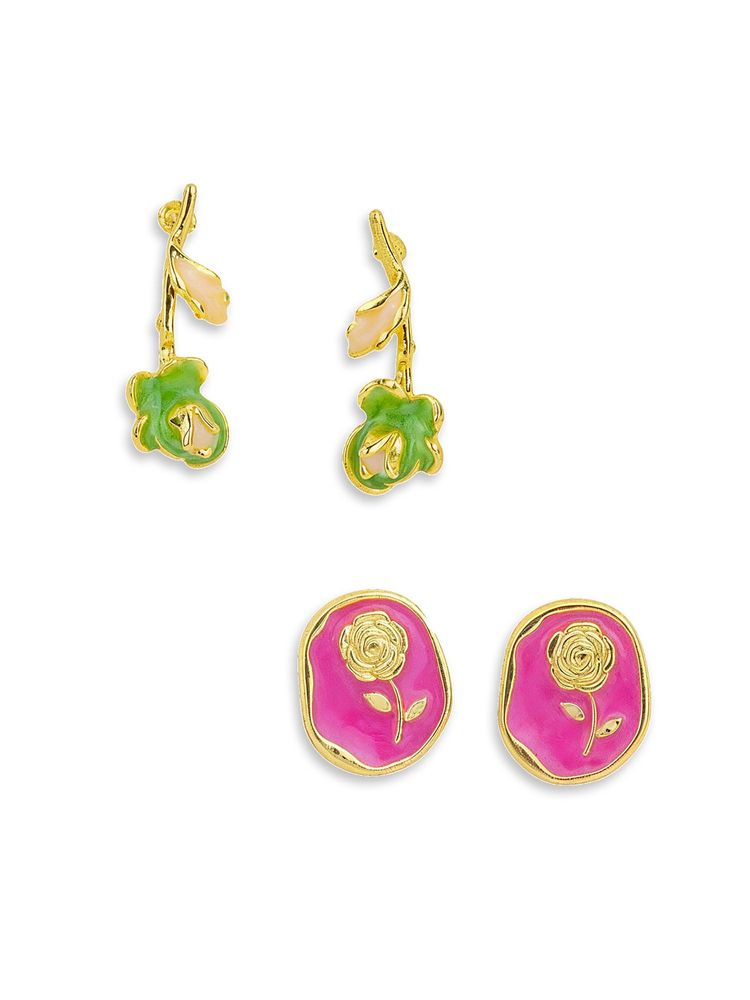 Yellow Chimes Women Gold Plated Floral and Portrait Enamel Stud Earrings (Pack of 2)