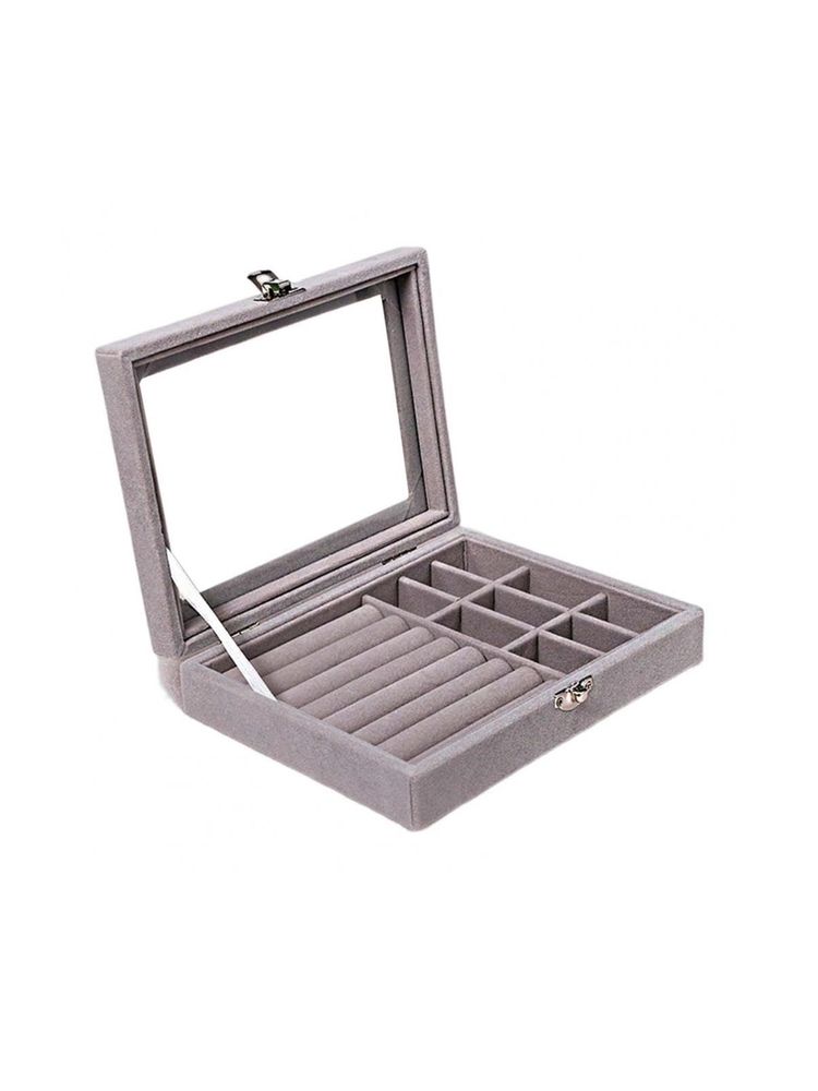 Awestuffs Grey Clear Glass Lid Velvet Glass Jewellery Box