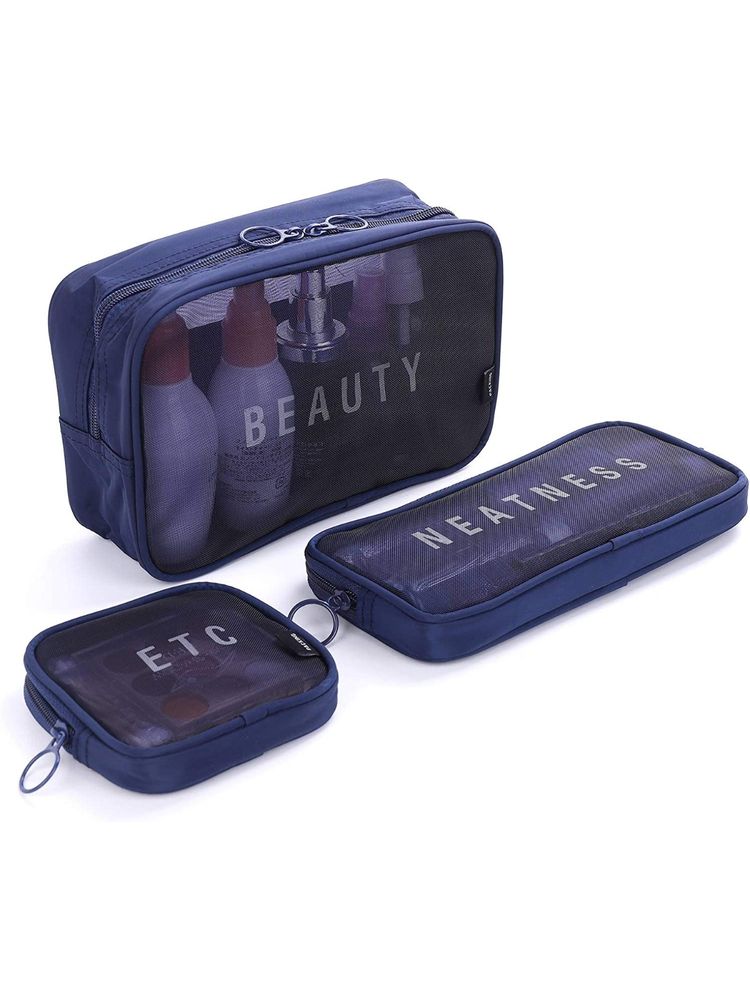 Awestuffs Navy Blue Transparent Mesh Toiletry Bag Set of 3 Cosmetic Pouch