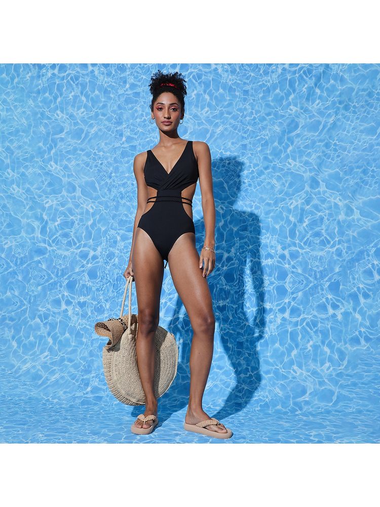 Haute Sauce Women Black Solid Cut-out One-piece Swimsuit