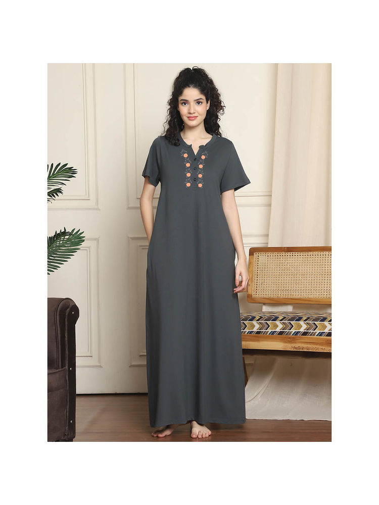 Indreams Grey Embroidered Long Night Dress-picture-4
