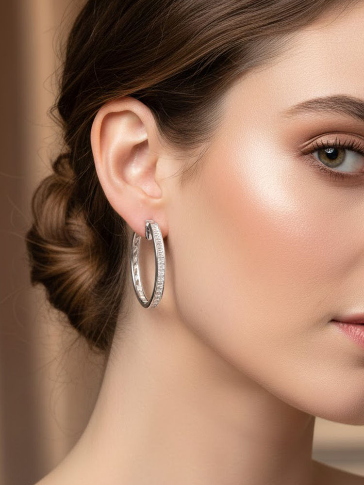 925 SILLER White Sterling Silver White Stones Hoops Earring-picture-27