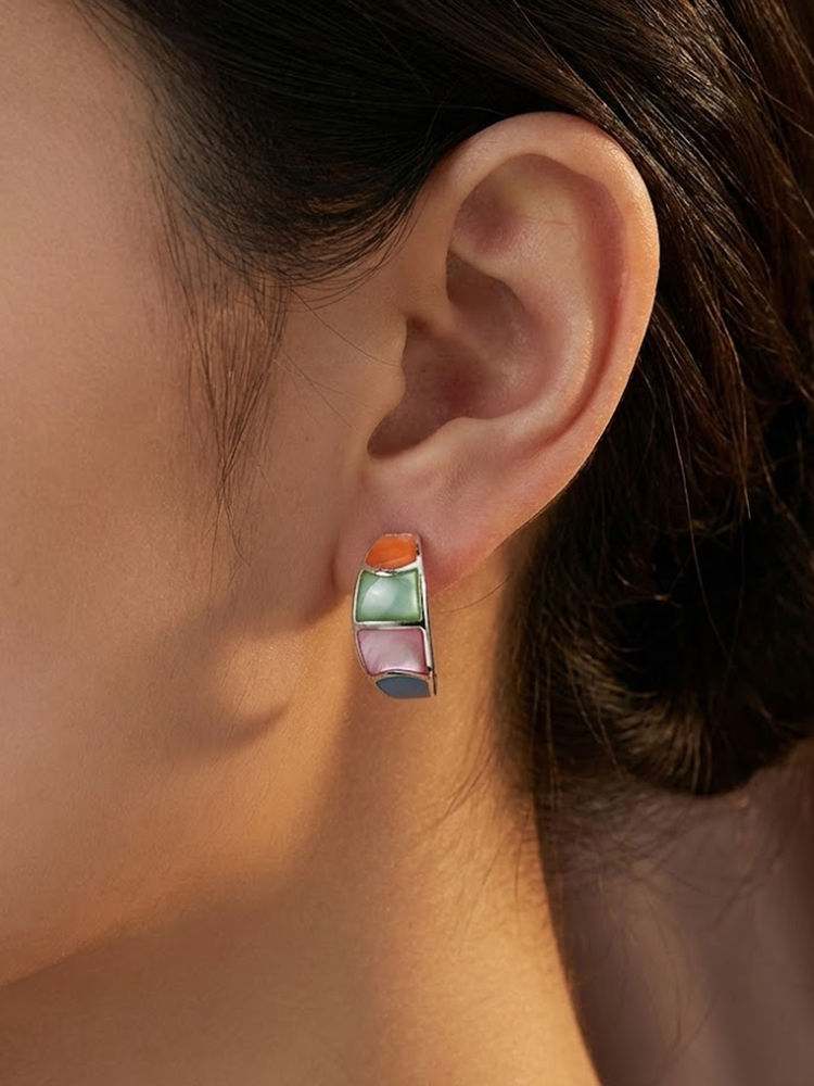 925 SILLER Multi-Color Sterling Silver Stones Hoops Earring-image-19