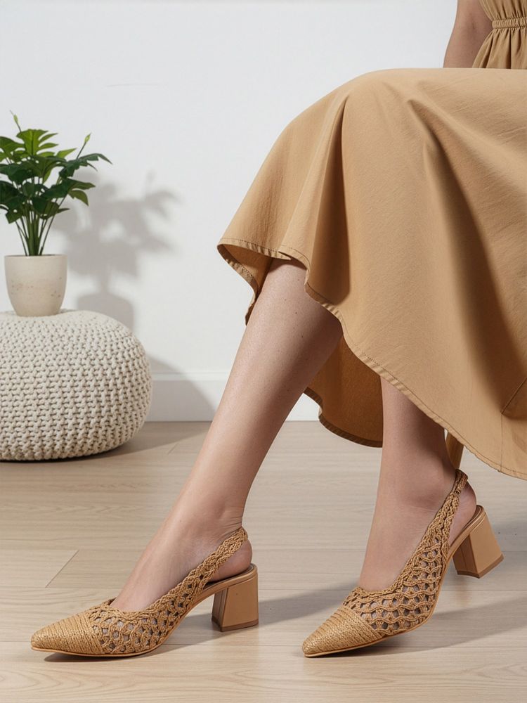 Carlton London Women Tan Woven Textured Slingback Heels-image-5