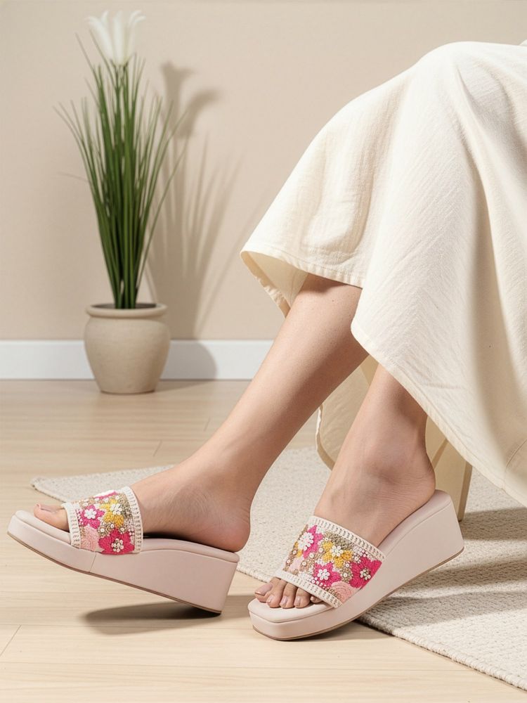 Carlton London Women Cream Embroidered Beaded Wedges-image-47