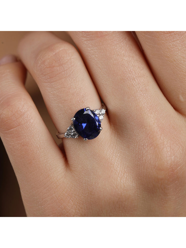 CLARA 925 Silver Rhodium Plated Swiss Zirconia Royal Blue Oval Adjustable Ring For Women & Girls-image-40