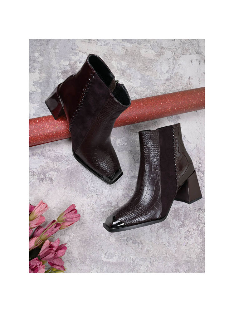 Ronnie Grey Women Maroon Animal Print Mid-Top Boots-image-34