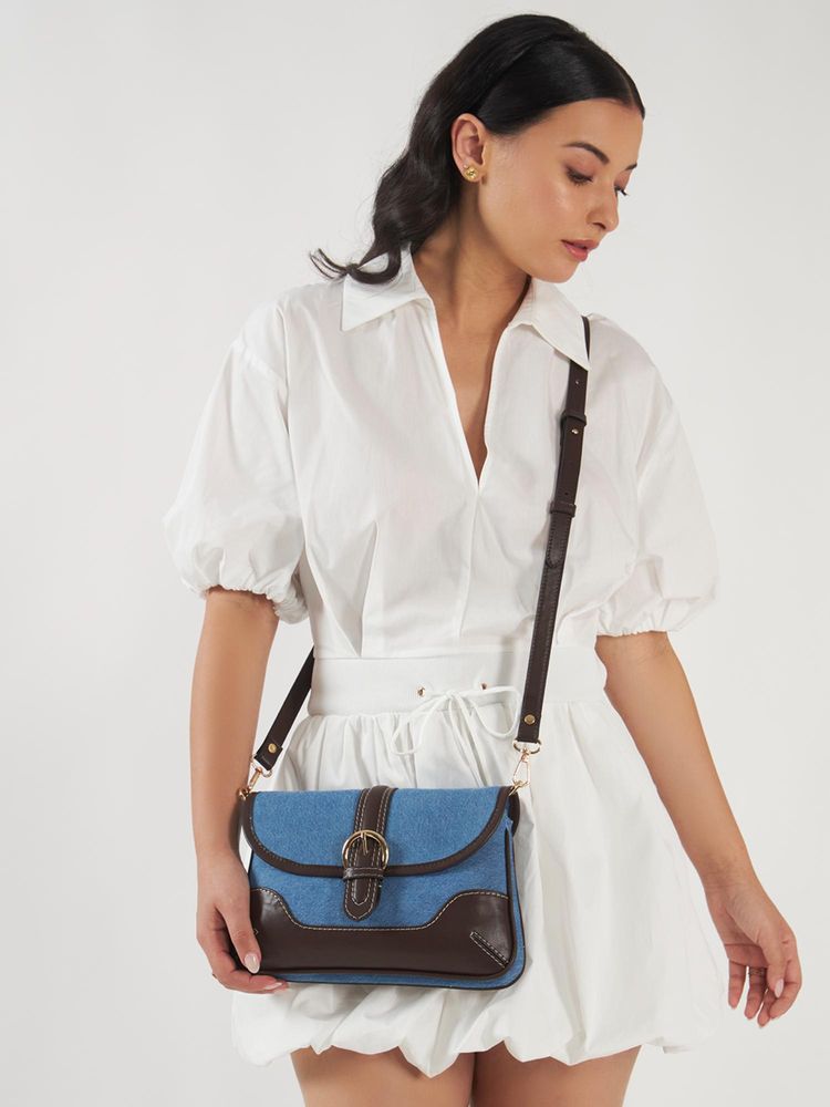 THE GUSTO Women Aura Sling Bag With Detachable Strap - Light Denim And Coffee Brown-picture-24