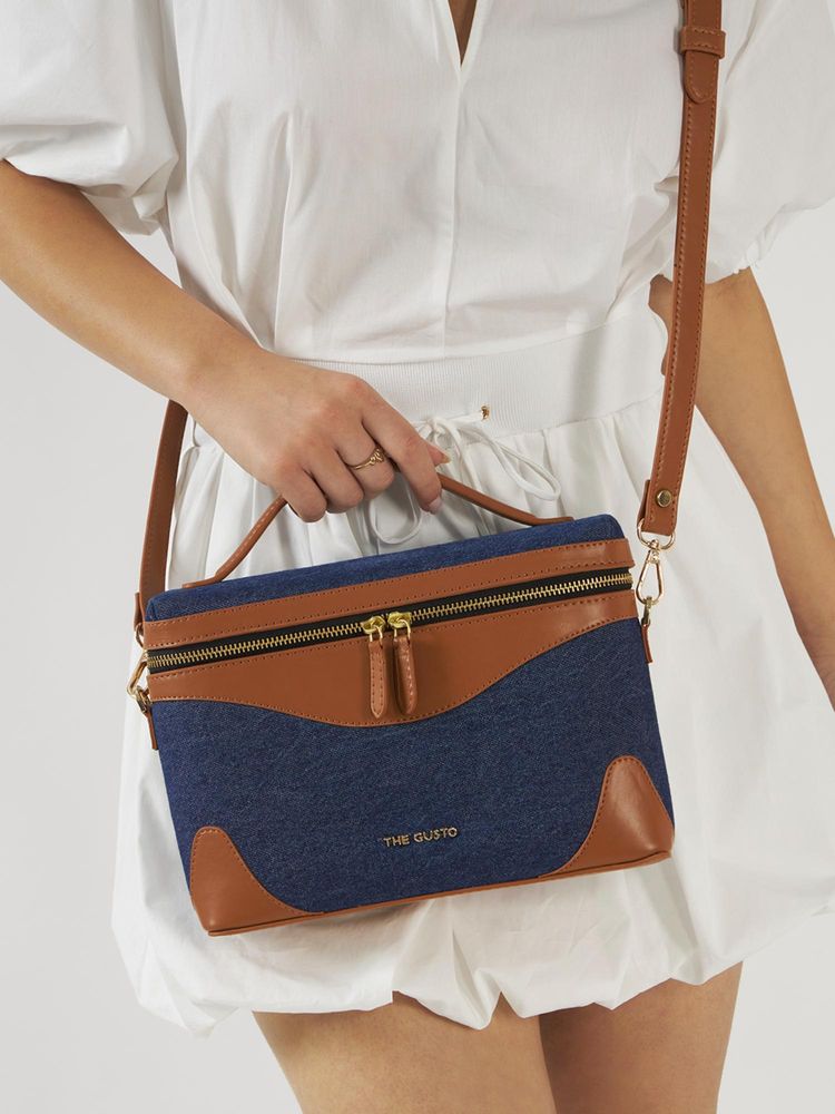 THE GUSTO Women Bento Sling Bag With Detachable Strap - Dark Denim And Tan-image-37