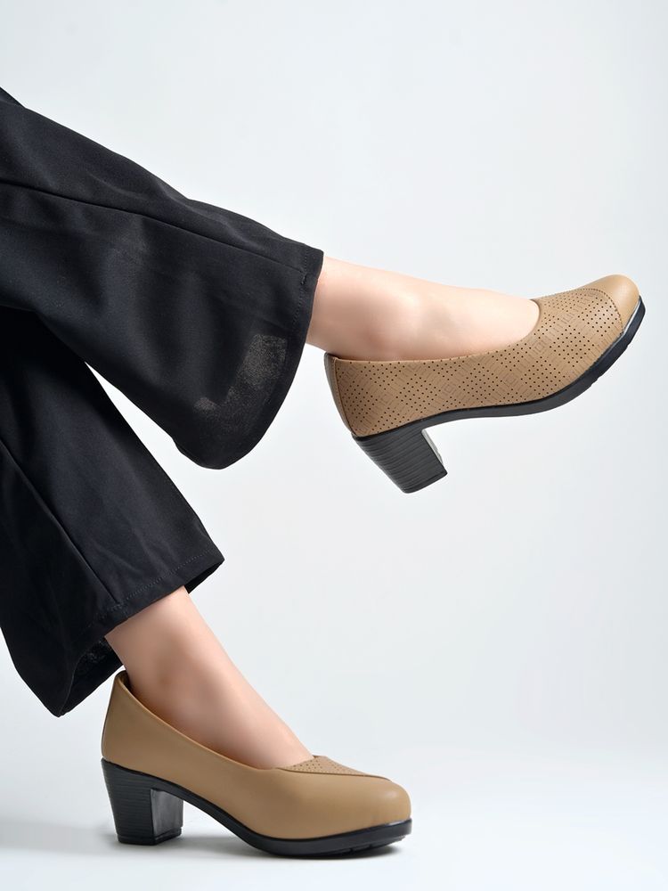 Shoetopia Beige Women Perforated Block Pumps Heels-image-33