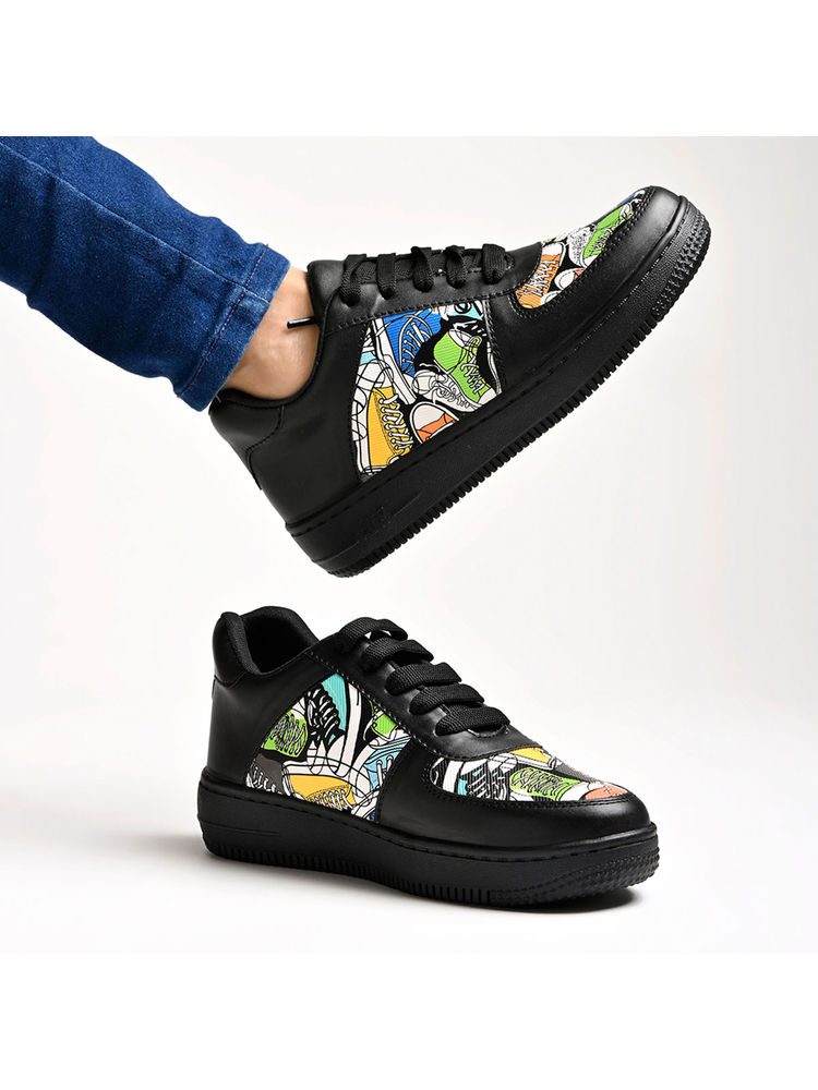 Shoetopia Lace-up Printed Detail Black Sneakers-image-25