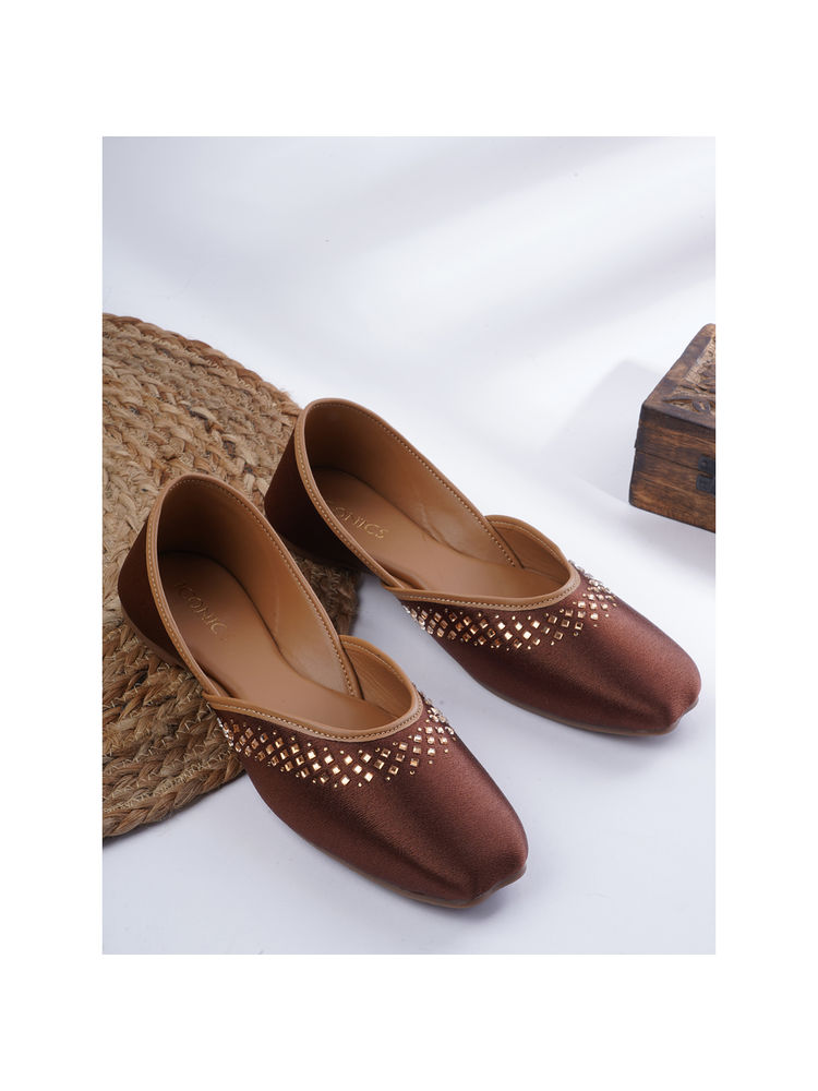 Iconics Brown Slip On Square Toe Women Mojaris-image-21