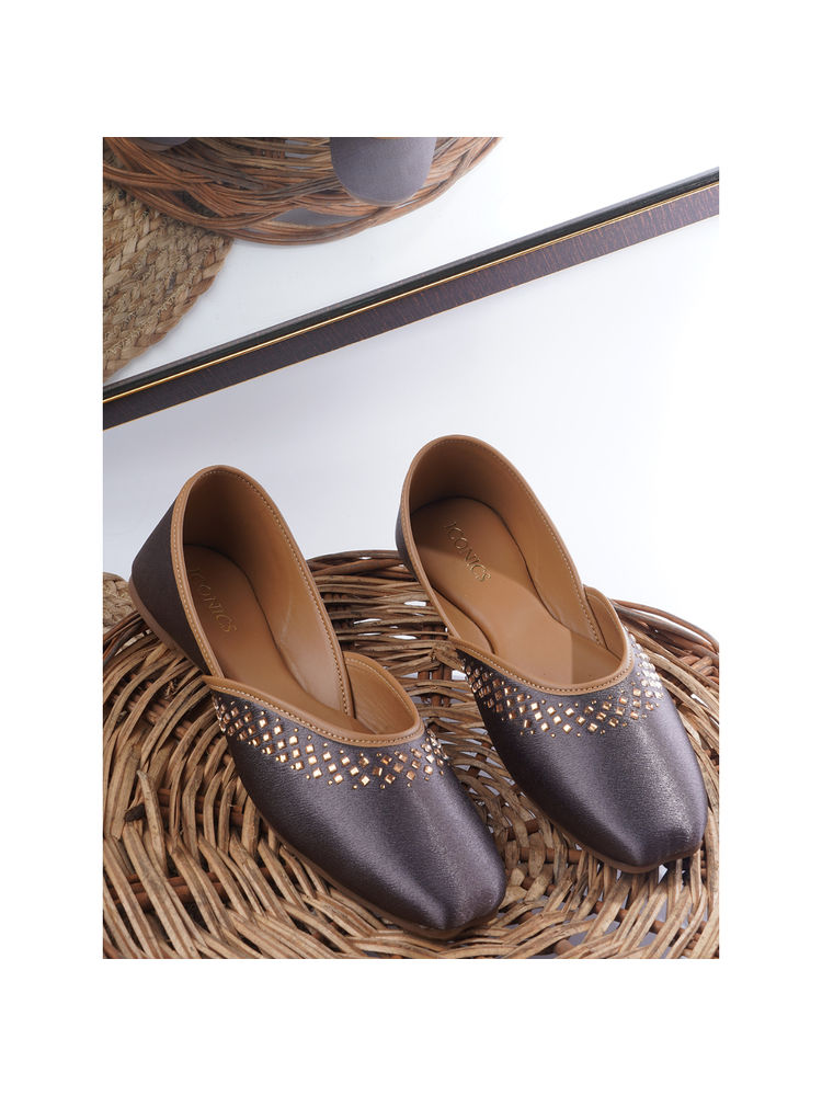 Iconics Grey Slip On Square Toe Women Mojaris-image-41