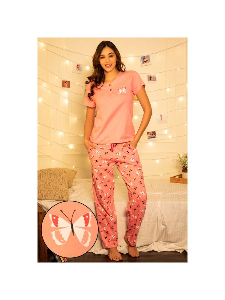 Clovia Cotton Printed Top & Pyjama Set - Pink-picture-24