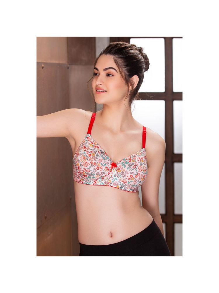 Clovia Padded Non-wired Full Cup Floral Print T-shirt Bra - White-image-32