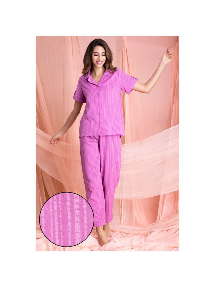 Clovia Sassy Stripes Button Me Up Shirt & Pyjama Set - Purple-picture-15