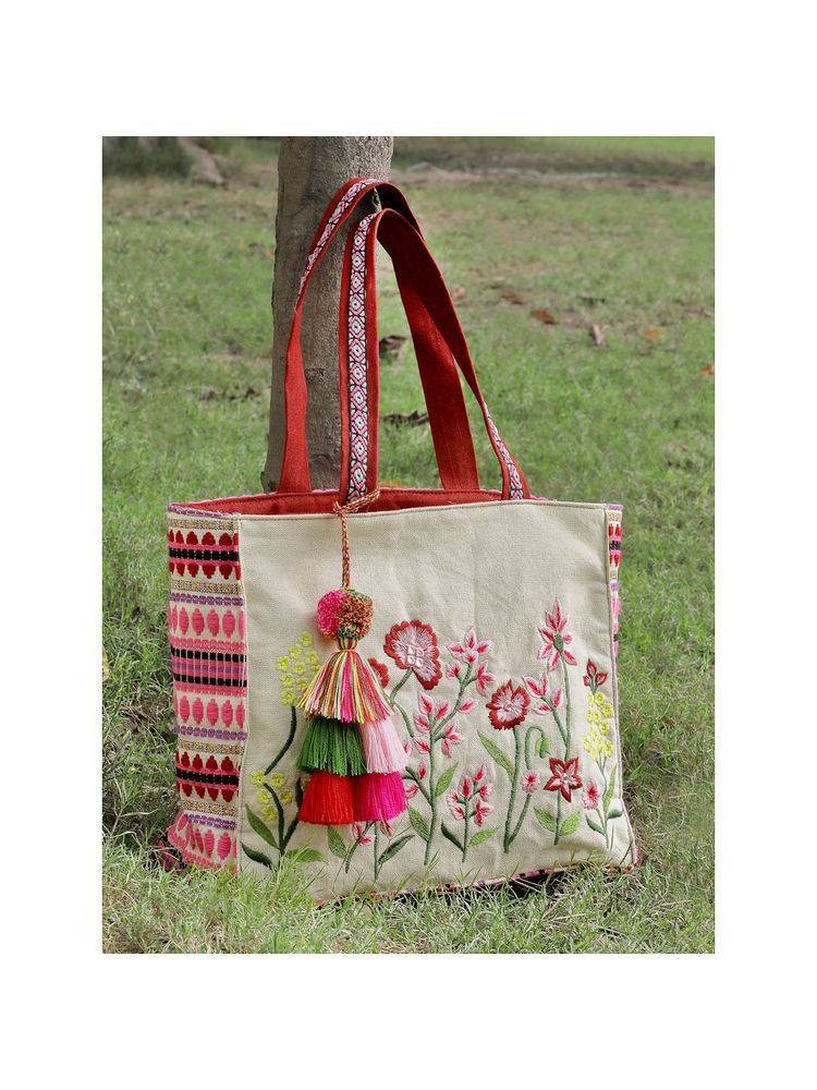 Anekaant Kooky Natural Pink & Multi Boho Floral Embroidered Handloom Jacquard Tote Bag-image-37