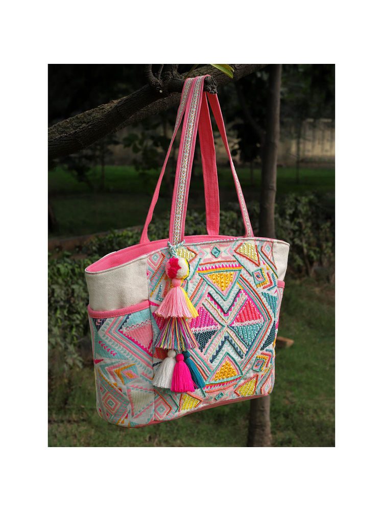Anekaant Natural & Multi Boho Geometric Embellished Handloom Cotton Jacquard Tote Bag-image-21