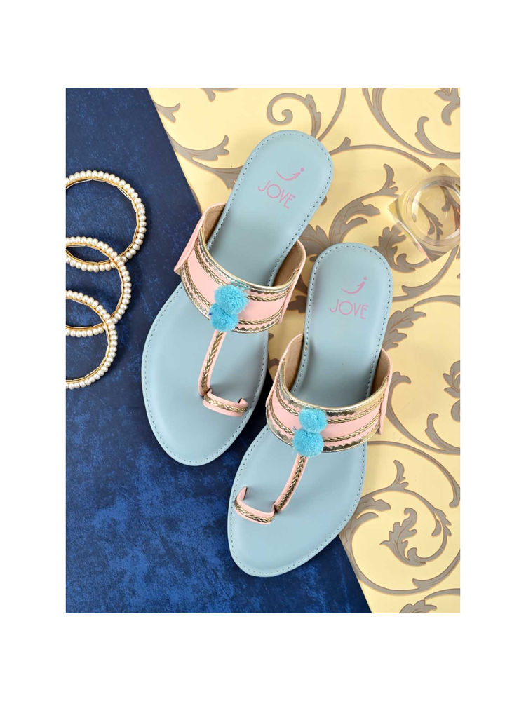 Jove Women Pink Embellished One Toe Flat Kolhapuris-image-3