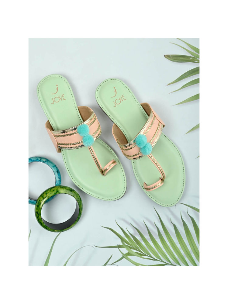 Jove Women Peach Solid One Toe Flat Kolhapuris-image-37