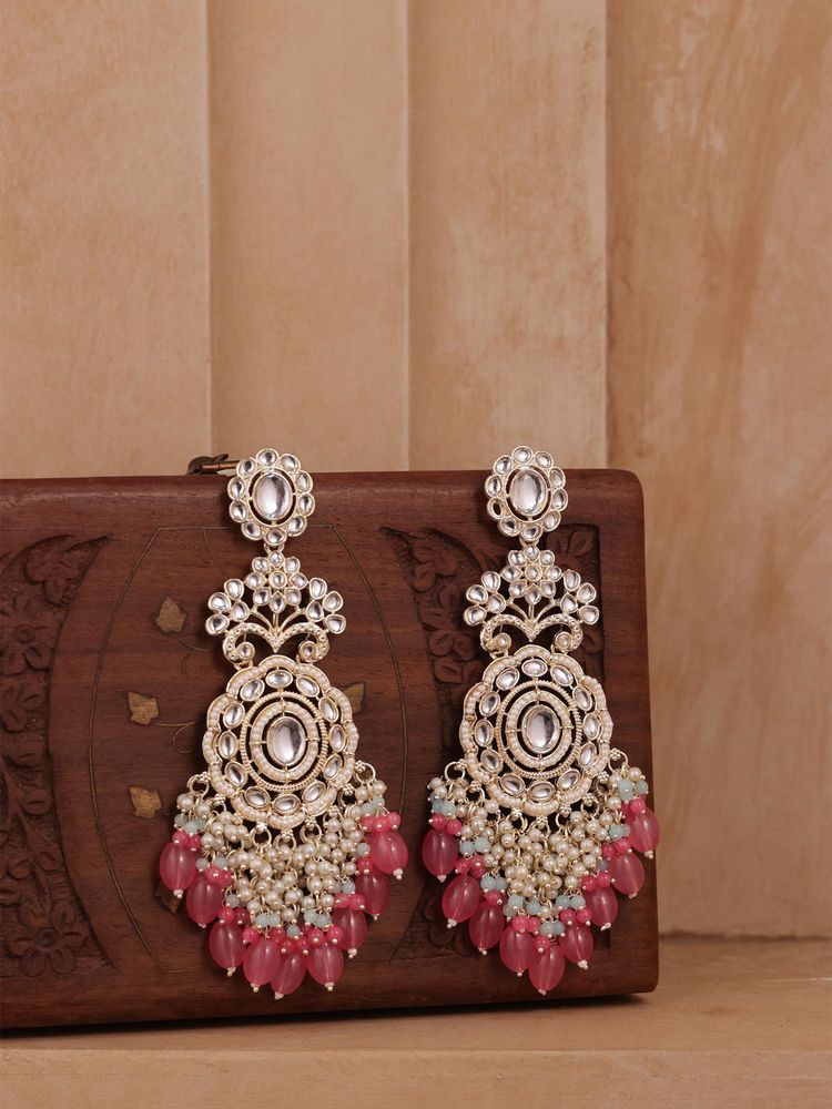 Fida Nazakat Pink And Golden Chandelier Drop Beaded Earrings-image-8