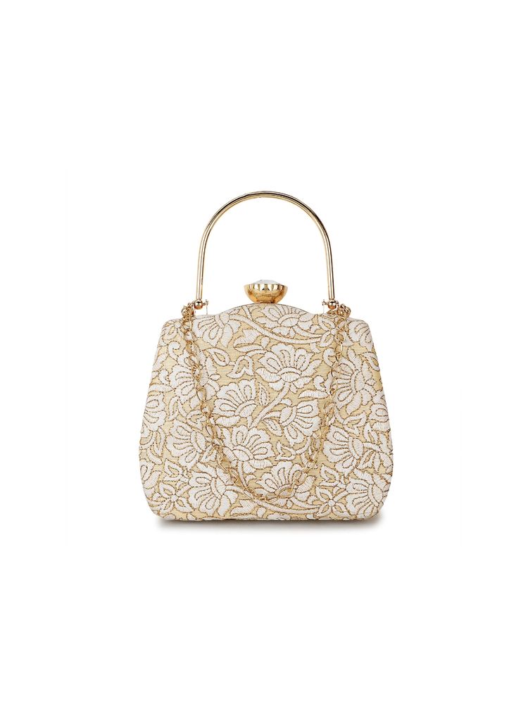 Anekaant Hue Gold & White Floral Embroidered Faux Silk Clutch (M)-image-10